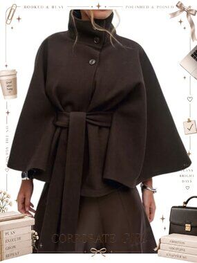 Wool Blend Cape Poncho Coat Batwing Sleeve Belted Cropped Pea Coat
